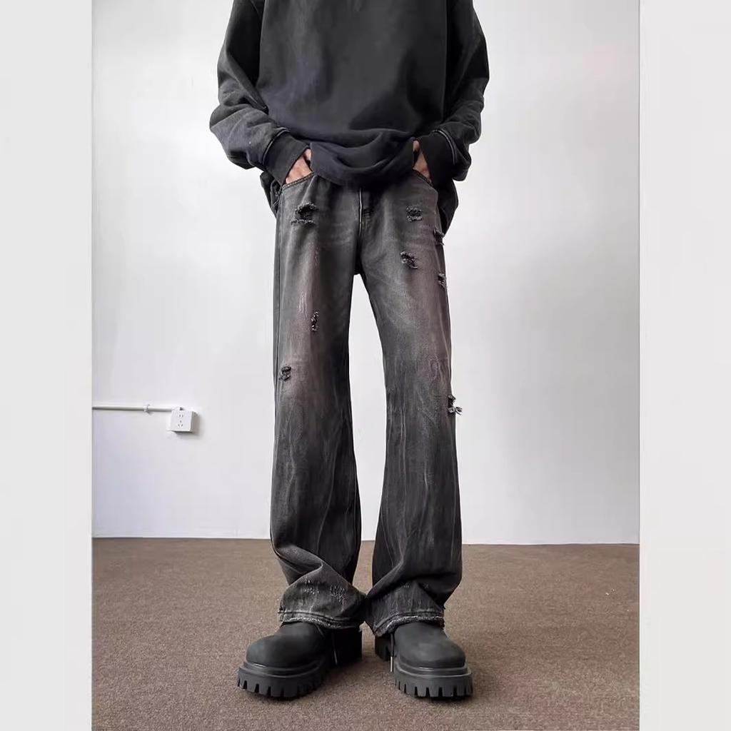 Ripped jeans men's summer new American retro black washed old slim fit loose straight pants