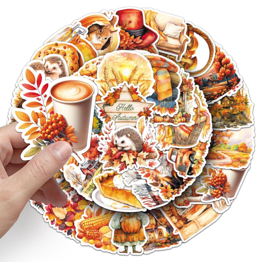 50 Blatt Goldener Herbst Sticker - Wasserdichte Cartoon-Blätter für Notizbücher