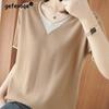 Office Lady Contrasting Colors Patchwork T-shirt  Summer Short Sleeve All-match Fake Two Pieces Round Neck Knitted Pullovers