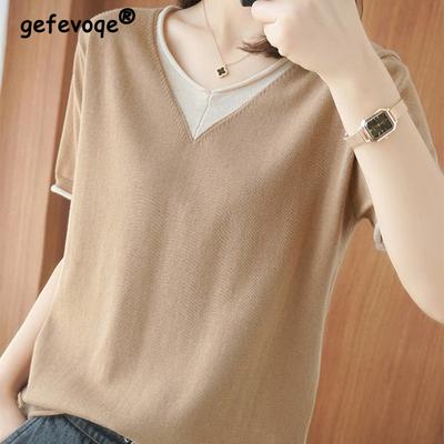 Camiseta de Oficina de Colores Contrastantes Patchwork Verano Manga Corta Versátil Falso Dos Piezas Cuello Redondo Jerséis de Punto