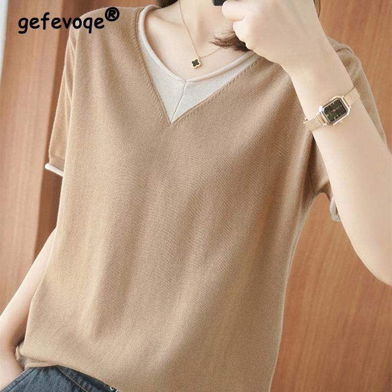 

Женская футболка в стиле офисной леди, контрастная, пэчворк, летняя, с коротким рукавом, универсальная, имитация двух предметов, с круглым вырезом, вязаные пуловеры XL верблюд