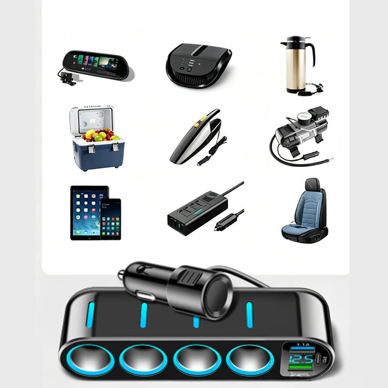 7 In 1 Safe Car Fast Charger Adapter 4 Cigarette Lighter Dual USB PD 12-24V Overheat Protection for Vehicle Use