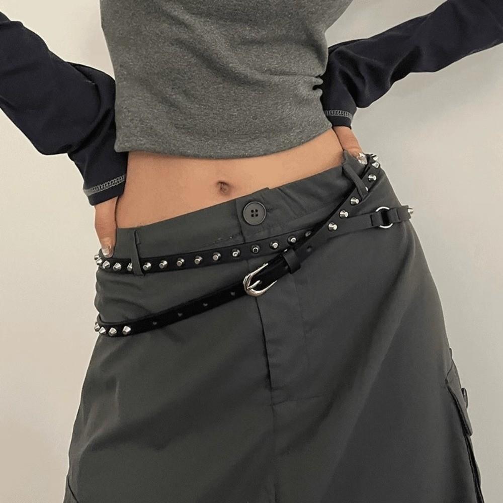 Thin Women's Rivet Belt Extra Long Dress Jeans Belt Vintage Leather Waist Belt  Streetwear