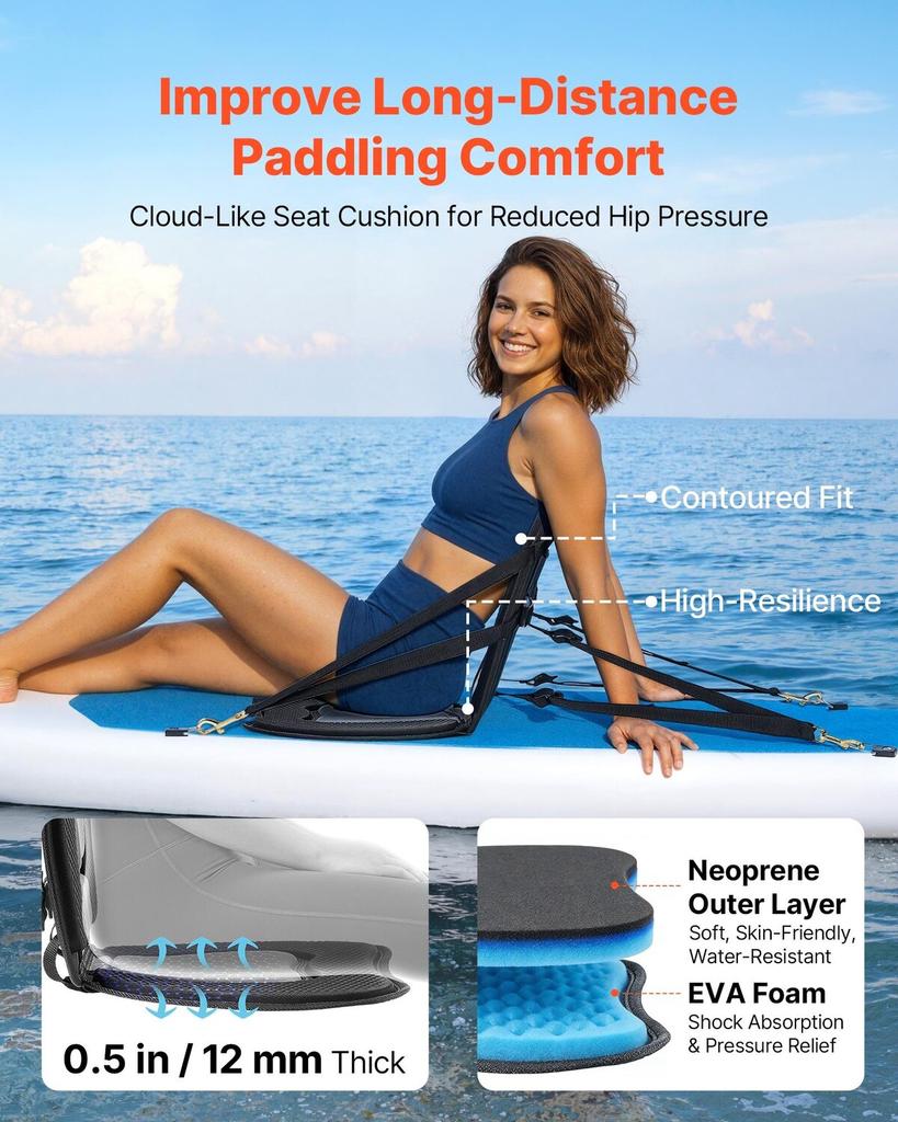Kayak Seat, 2 Pack 12 mm Thick, Universal Paddle Board Seat with Back Support, Sit-on-Top Soft Padded Cushion with Storage Bag & Adjustable Straps for