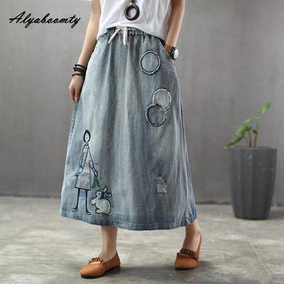 Japanese Mori Girl Spring Autumn Women Denim A-Line Skirt High Waist Cartoon Appliques Vintage Skirt Elegant Ripped Chic Skirt