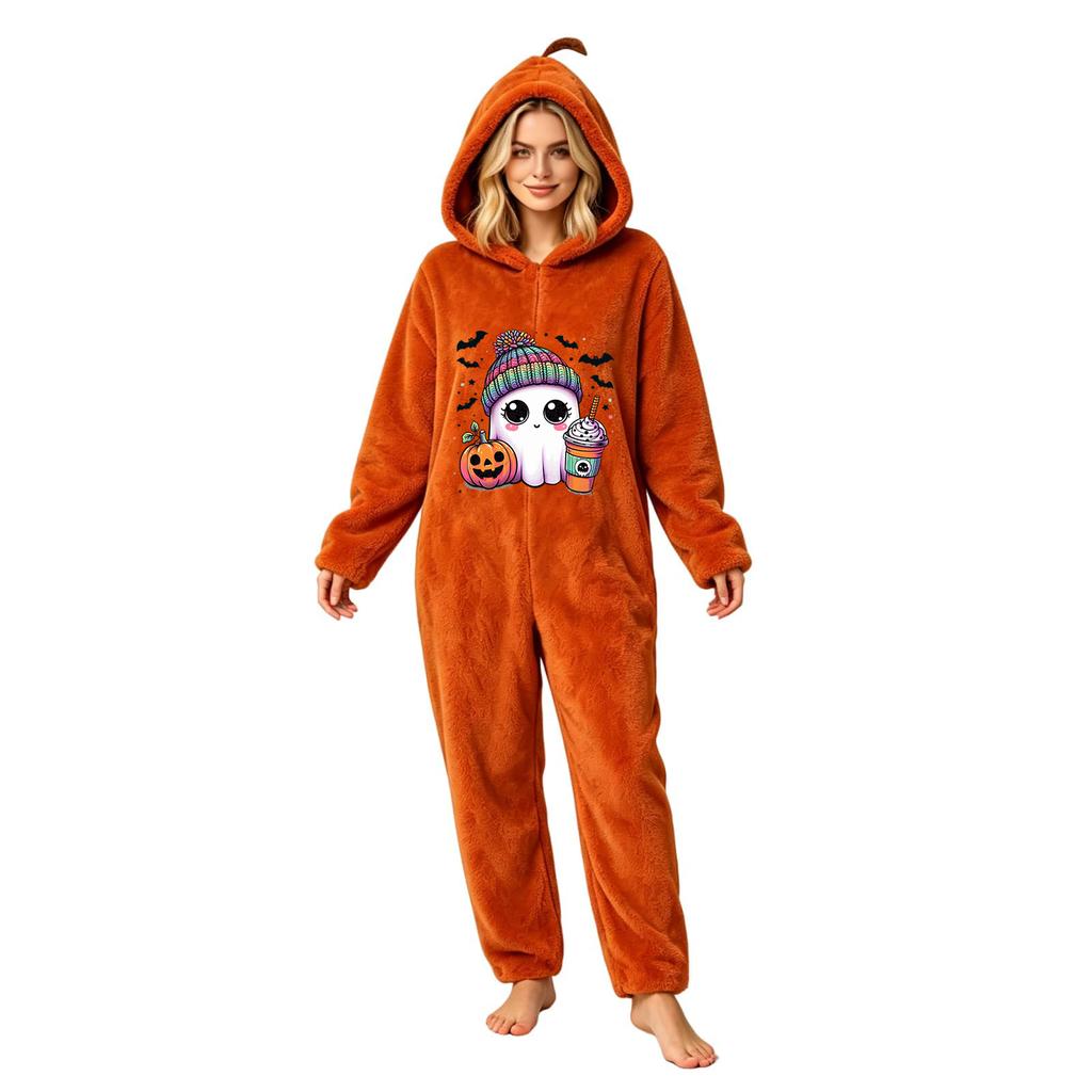 Women's Halloween Printed Flannel Romper Jumpsuit for Holiday Party and Loungewear