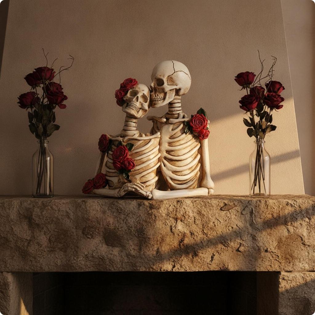 Gotische Skelettstatue mit Rosen | Freistehendes Ausstellungsornament, Skulptur für Paare, für