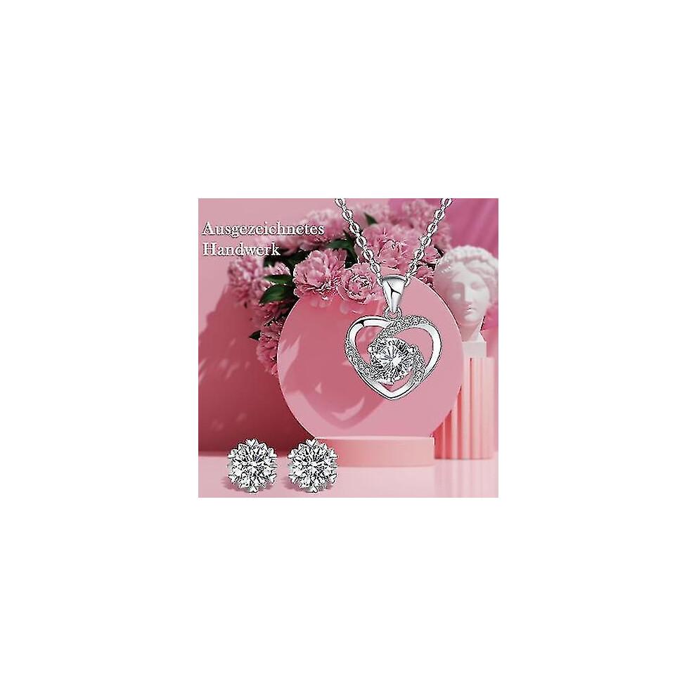 Eternal Real Rose with Heart Necklace Earrings 925 Sterling Silver Jewelry Gift Box Rose Box Birthday Valentine's Day Wedding Anniversary Gift for Gir