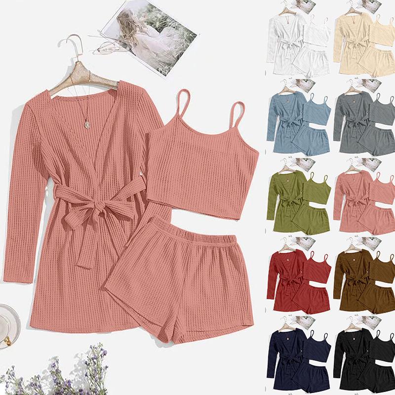 Women's three-piece home wear set - halter top shorts coat casual pajama set