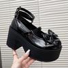 Fashion 9CM Waterproof High Heels Punk Sweet Cool Original Gothic Asian Culture Ladies Chunky Heels Bow Black Leather Paltform Shoes