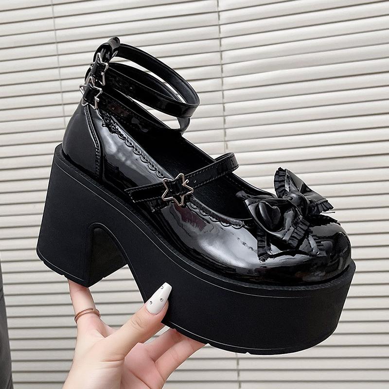 Fashion 9CM Waterproof High Heels Punk Sweet Cool Original Gothic Asian Culture Ladies Chunky Heels Bow Black Leather Paltform Shoes