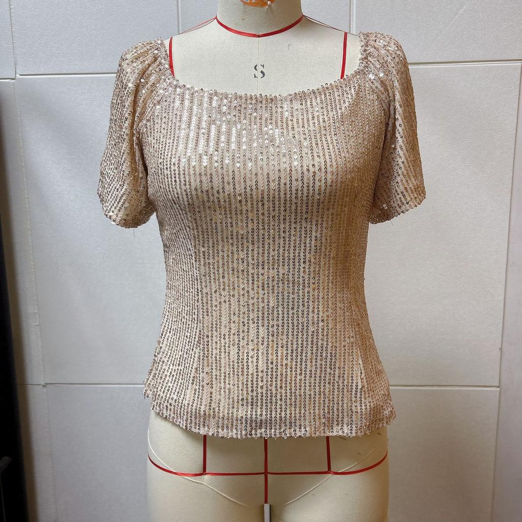 2026 Women's Fashionable Short Sleeve Blouse Square Neck Sequin Puff Sleeve Versatile Glamorous Blouses with Sequins and Puff Sleeves