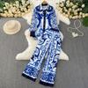 Spring Autumn Vintage Designer Print Runway Trouser 2 Piece Set Women Turn-down Collar Shirt And Elastic Waist Pocket Pant Suit