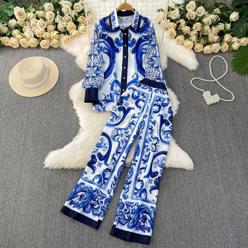Spring Autumn Vintage Designer Print Runway Trouser 2 Piece Set Women Turn-down Collar Shirt And Elastic Waist Pocket Pant Suit