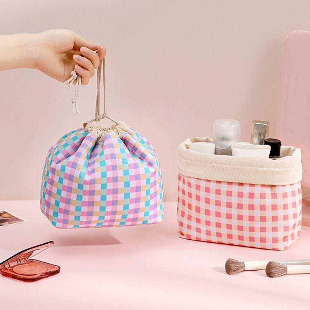 Plaid Pattern Drawstring Cosmetic Organizer Large Capacity Drawstring Storage Pouch  Travel Storage