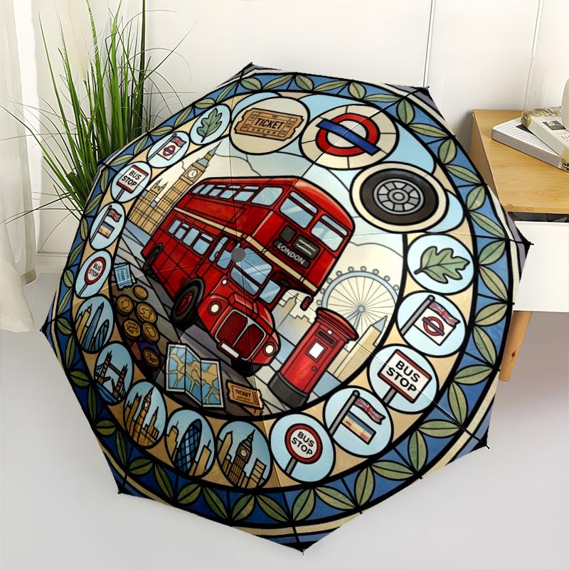 London Bus Journey pattern umbrella, portable and foldable design, 8 ribs, a casual accessory for Halloween, Christmas, and birthday gifts.