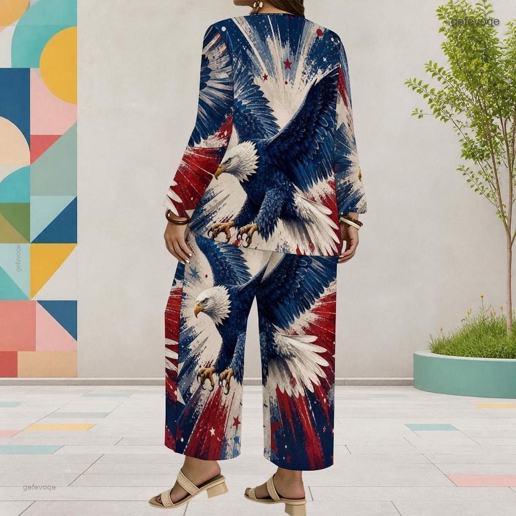 Women Plus Size Round Neck Long Sleeve Firework Star Printed Layered Top Wide Leg Cropped Pants Two Piece Set