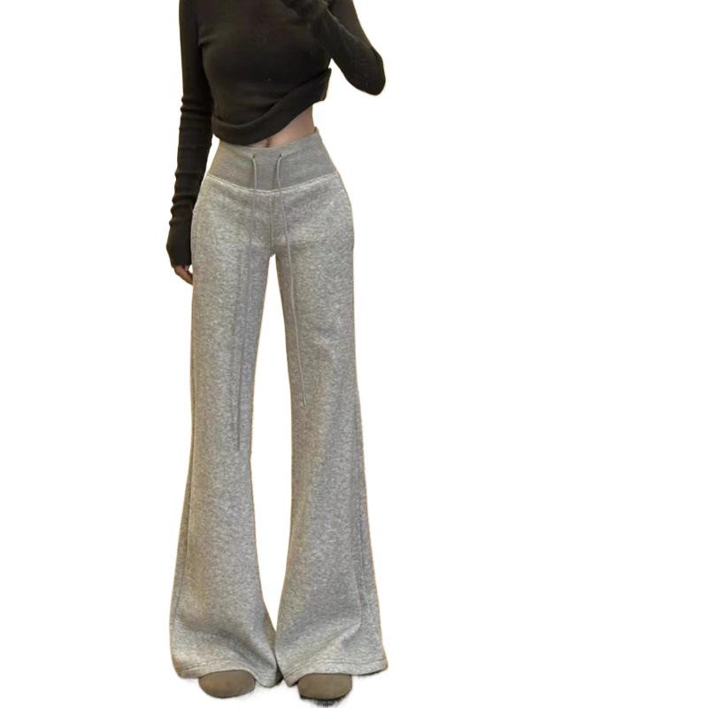 Women's Light Gray Flare Sweatpants with Plus Velvet – Slimming, Casual, Loose Fit for Autumn/Winter 2026