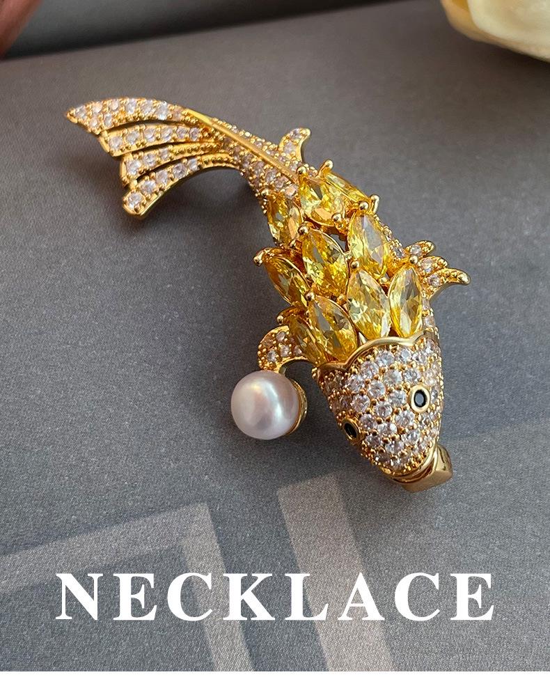 High-End Vintage Zirconia Inlaid Lucky Koi Fish Brooch - Fashionable Jewelry Pin for Women