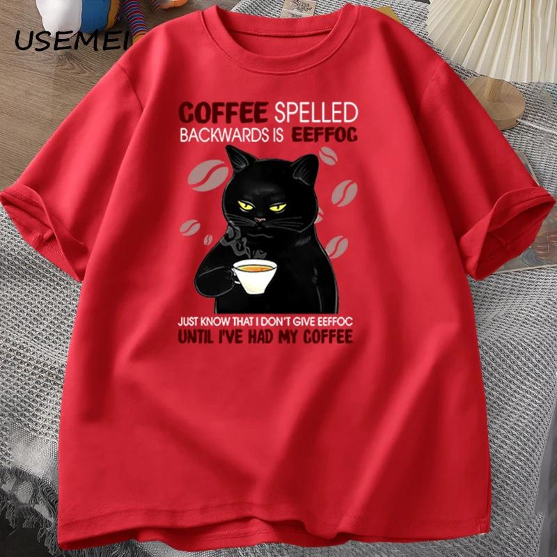 

Футболка с надписью Coffee Spelled Backwards Cat, забавные милые футболки с графикой, летняя футболка унисекс из хлопка ONcek, свободная мужская одежда, свободная S