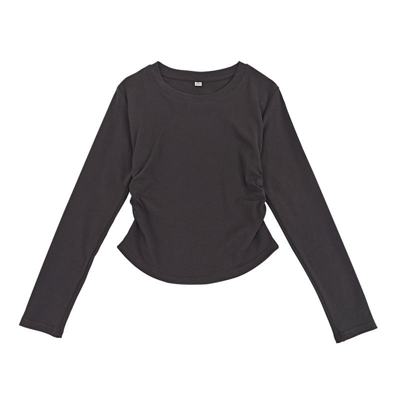 2 Cotton Wrinkled Bottoming Shirt Women's Autumn and Winter New Inner Slim-fitting Long-sleeved Top Crew Neck Front Shoulder Shirt