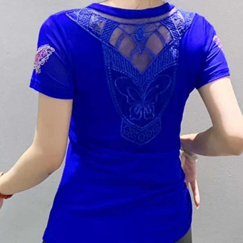 Haut Femme Sexy de Haute Qualité avec Design Croisé en V Débardeur Brillant Papillon Diamants Chauds Été Marque Féminine Élastique Slim T-shirts en Maille