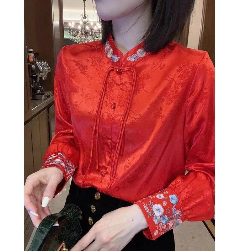 

Красный вышитый с длинным рукавом весенне-осенний новый топ-танцуй с пряжкой-дзен 4XL