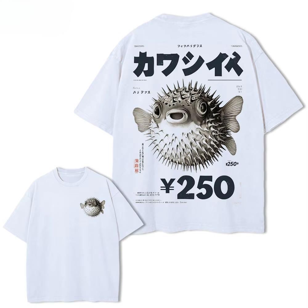 2026 Vintage Fugu Puffer Fish Ramen T-Shirts Men Women Clothing Summer Cotton Tee Shirt Fashion Crewneck Short Sleeve Casual Clothing Loose Streetwear