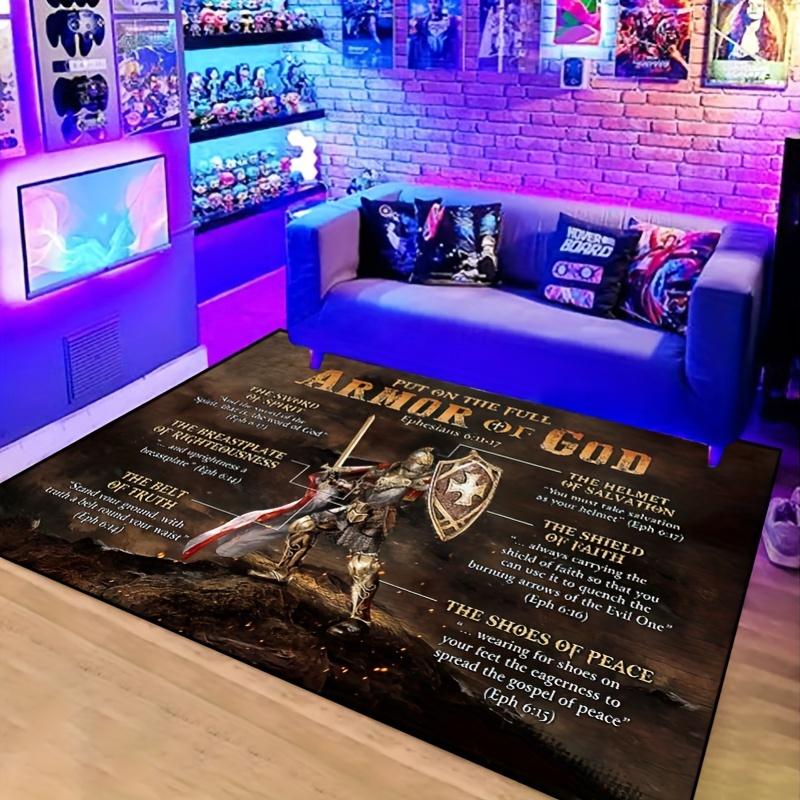 God Armor Bible Verse Mat - 2D Flat Non-Slip Floor Mat for Bedroom - Washable Christian Home Decor Living Room Area Carpet Rug