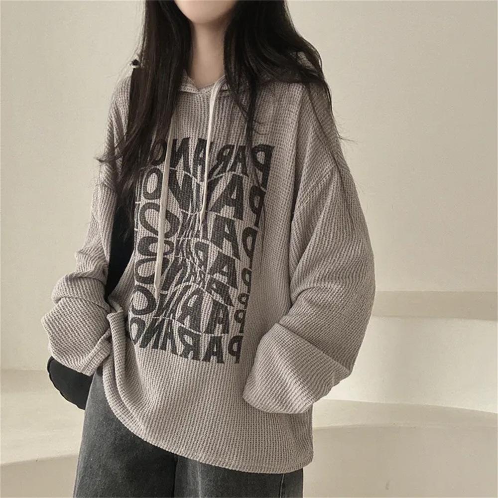 Women's Korean Style Waffle Hoodie - Casual Loose Fit, Autumn/Winter, Plus Velvet