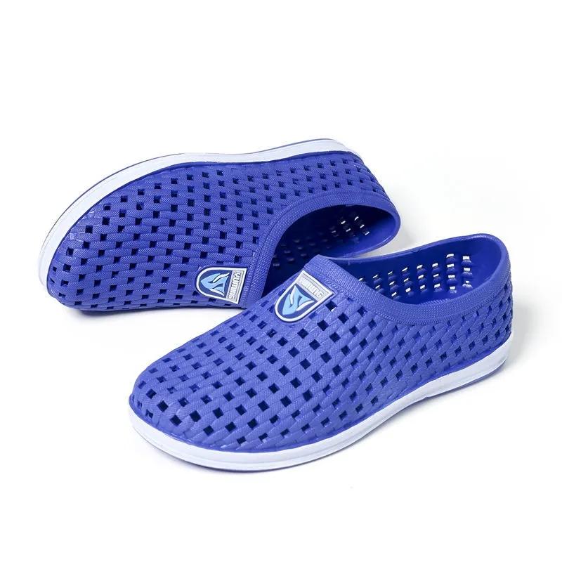 

Мужская летняя обувь с отверстиями, рабочая обувь большого размера, однотонные корейские сандалии, мужская нескользящая дорожная дышащая повседневная пляжная обувь с толстой подошвой 40 синий