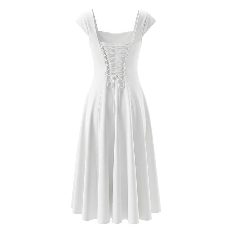 Elegant French Square Neck Short Sleeve Tie-back Dress - Slimming Waist Mid-length Skirt for Summer Vacation