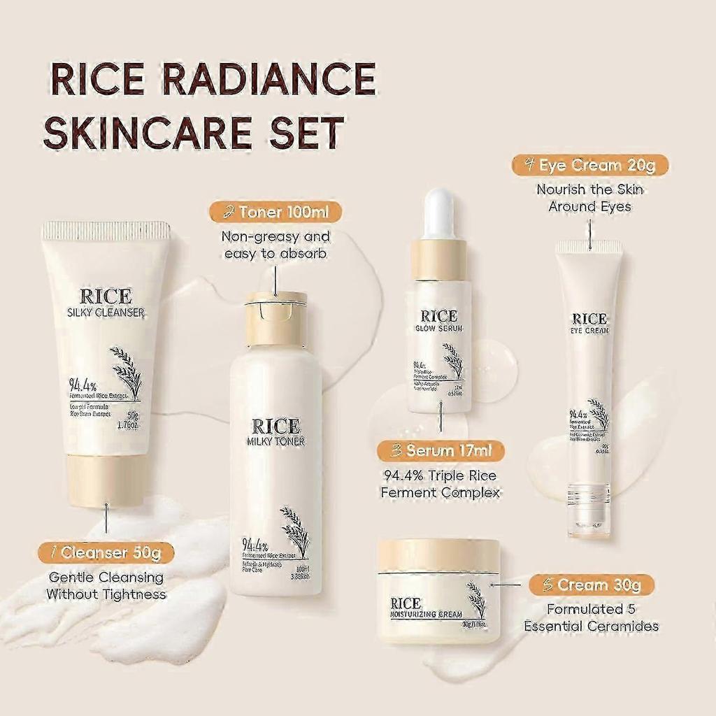 Koreanisches Hautpflege-Set, Glass Skin Pflege-Set, Reis-Hautpflege-Set - Reisreiniger, Toner, Serum, Creme, Augencreme, Gesichts-Set für strahlende Haut, G