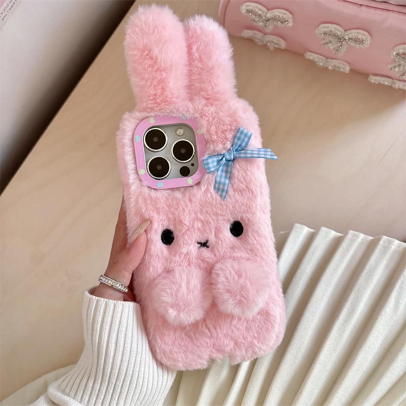 Kawaii 3D Cartoon Bowknot Rabbit Ears Warm Furry Plush Phone Case For iPhone Air 12 13 14 15 16 11 17 Pro Max Shockproof Cover