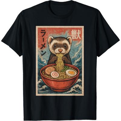 Frettchen isst Ramen Kawaii Anime Haustierliebhaber T-Shirt