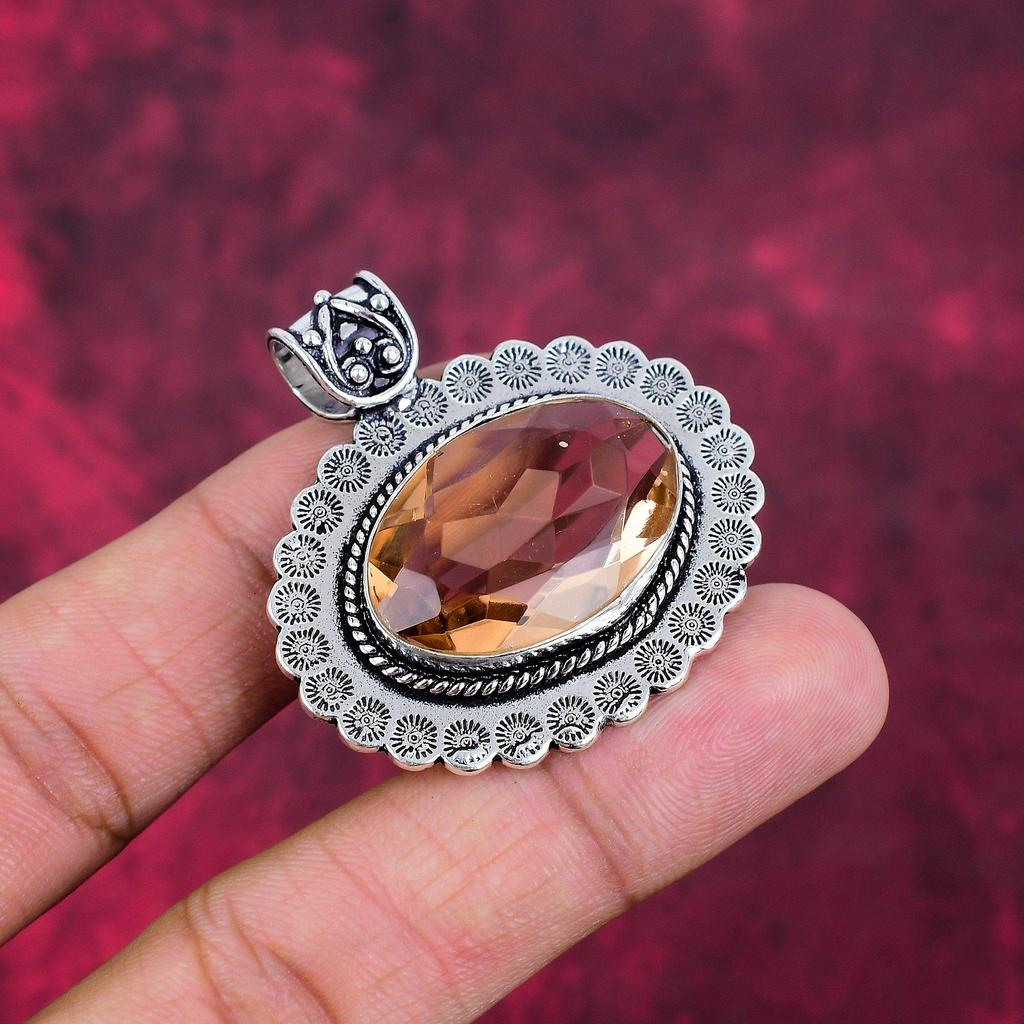 Morganite Pendant, Handmade Gemstone 925 Solid Sterling Silver Pendant Antique Jewelry, For Engagement Gift