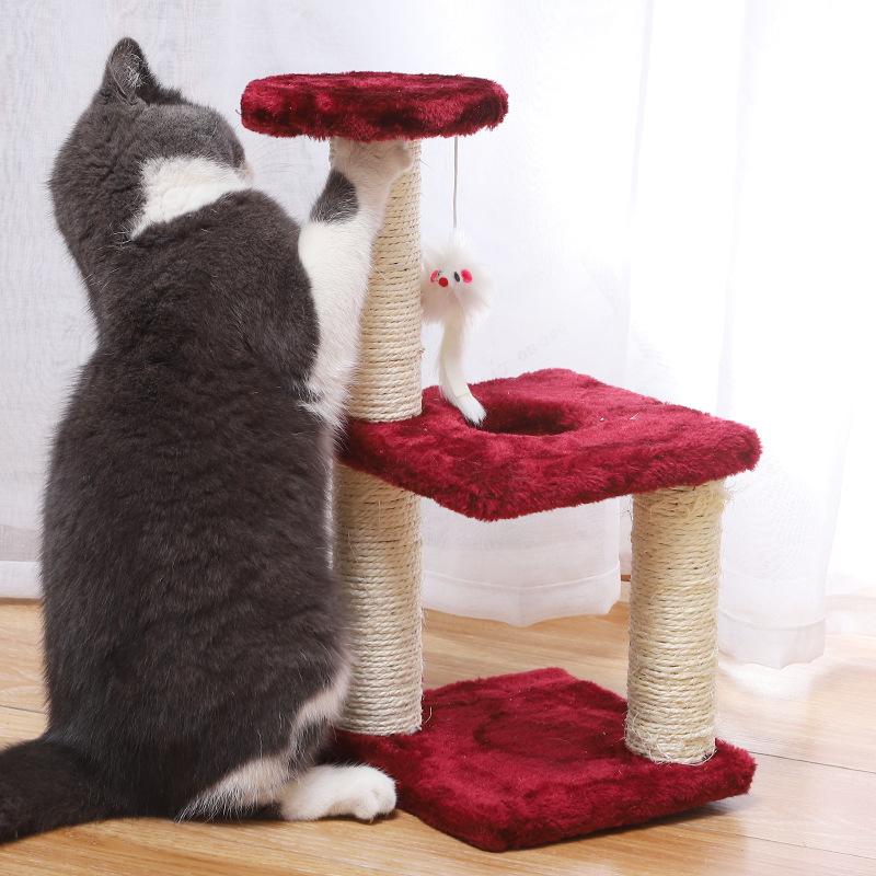 Three Layer Cat Tree Tower with Plush Mouse Toy Stable Base Wear-resistant Indoor Sisal Cats Scratching Post Pet Furniture