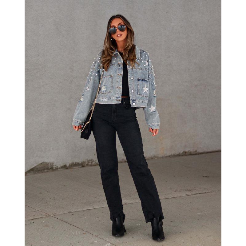 VEZFAA Women's Fashion Casual Star Print Autumn Winter Long Sleeve POLO Neck Jackets & Coats