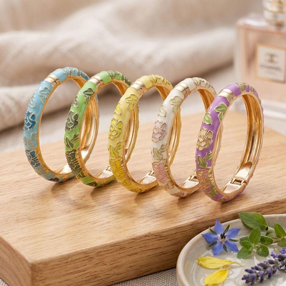 Blumenmuster Emaillierte Armbänder Hohl Mehrfarbiges Emaille Öl Tropfen Armband Breites Buntes Emaille Abgetropfte Glasur Armreif
