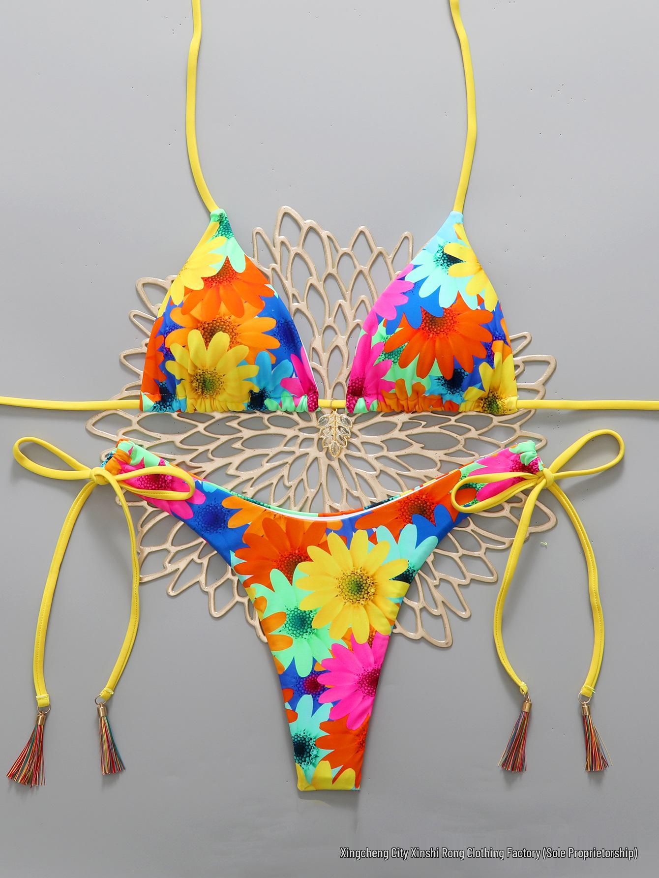 

2026 European & American High-Waist Thong Bikini with Split Sexy Print Design Medium