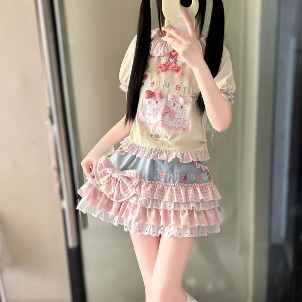 Japanese Kawaii T-shits Women Casual Y2k Crop Top Sweet Lolita Tees Design for Girls Clothing Short Sleeve T Shirts Outwear Chic