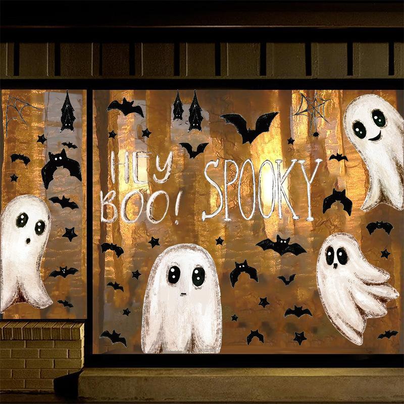 New Halloween Window Stickers with Cartoon Cute White Ghost Glass Window Decorations Featuring Static Cling Stickers Featuring Bats and Spiders