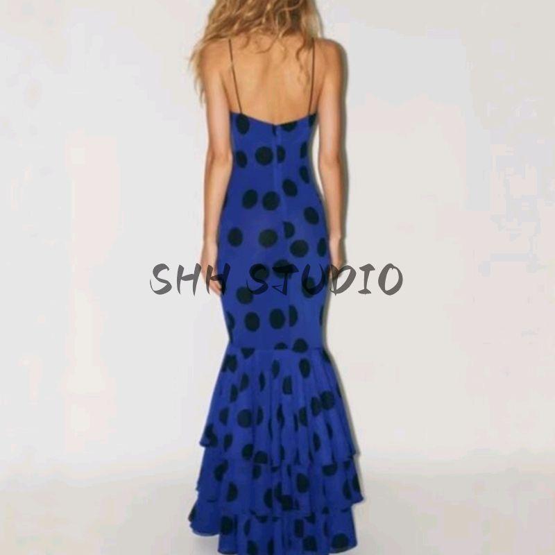 Summer New Product Women's Clothes French Sexy Wind Chiffon Polka Dots Ruffles Laminated Decoration Long Braces Dress