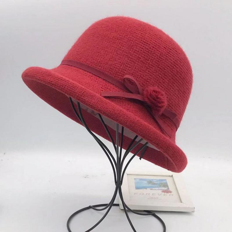Woolen Bucket Hat Women's Autumn and Winter Bow Korean Version Versatile Japanese Dome Basin Hat British Retro Top Hat Tide