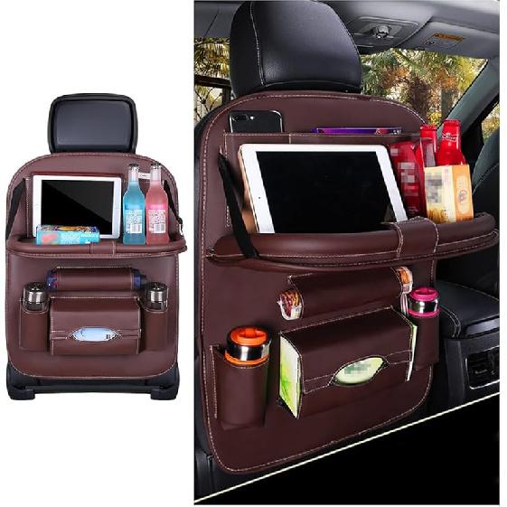 Car Seat Back Organizer, Leather Vehicle Seatback Storage Pocket With Foldable Table Tray, Multifunctional Automotive Backseat Protectors Kick Mats