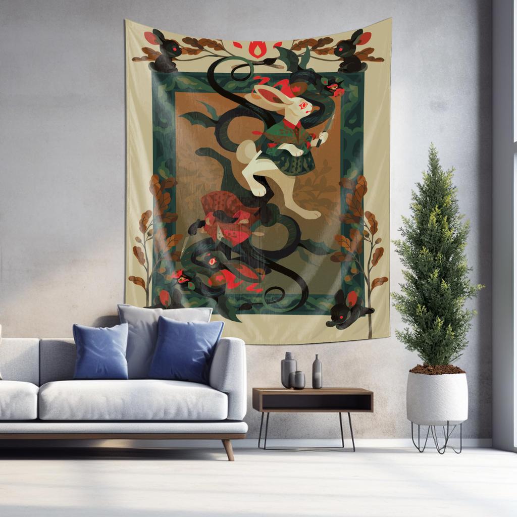 Mysterious Oriental Style Tapestry Rabbit Snake Intertwined Art Pattern Essential Home Decor