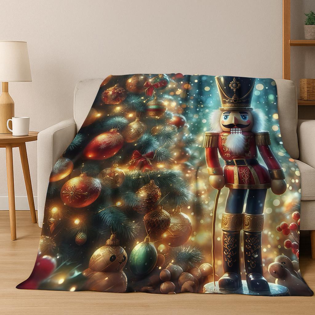 Frohe Weihnachten Baum Nussknacker Cartoon Puppe Neujahrsgeschenk Flanell Decke, Weiche Wohndecke für Zuhause Schlafzimmer Bett Sofa Kinder