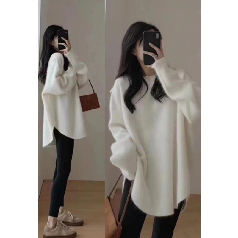 Autumn and Winter Pullover Women Medium and Long Sweater Fashion Loose Office Knitted Bottoming Shirt Solid Color O Neck Long Sleeve Casual Simple Top