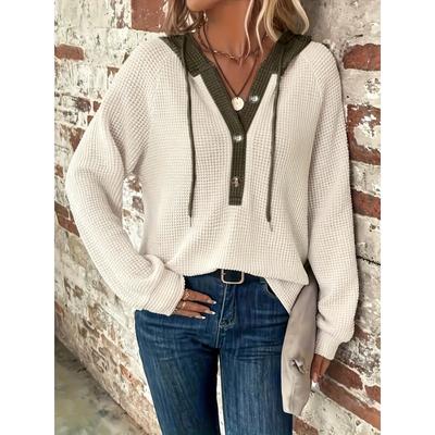 Kapuzenpullover mit Farbblock und Knopfleiste vorne und Kordelzug, lässiges Langarm-Kapuzenpullover-Sweatshirt, Damenbekleidung