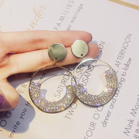 Luxury Crystal Rhinestone Long Tassel Clip Earrings for Women Bridal Non Pierced Dangling Circle Earrings Party Wedding Jewelry